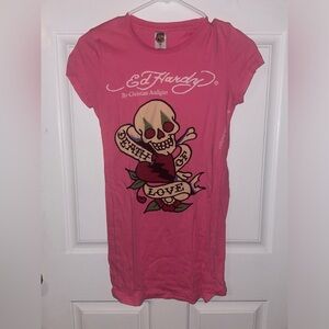 Ed Hardy Hot Pink Skull Heart Love T-shirt Tunic Size Small Vintage y2k